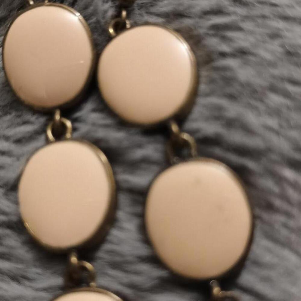 Vintage Dangle Earrings Enamel Beige‎ Hook Oval Brass Tone Pierced